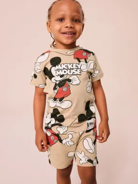 Neutral Tan Mickey Mouse All-Over Printed T-Shirt and Shorts License Set (3mths-8yrs)